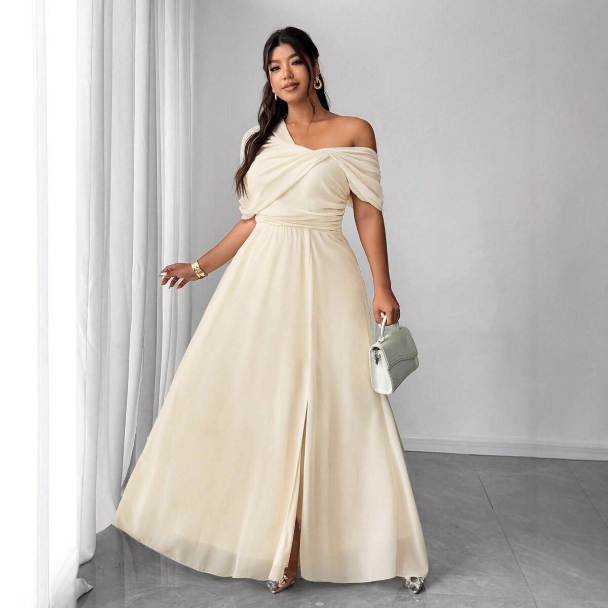 Off-Shoulder High-Waist Dress with Slit