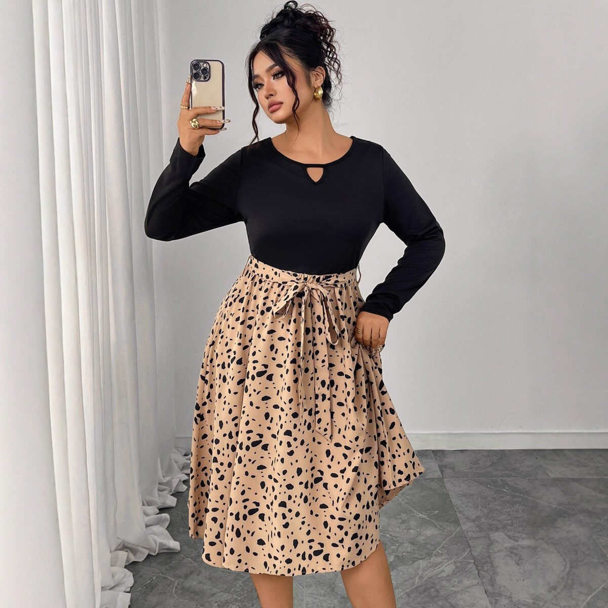 Plus Size Leopard Print Long Sleeve Dress with Belt