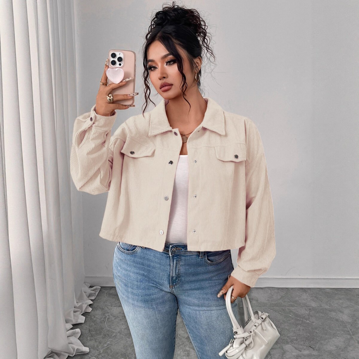 Casual Corduroy Jacket With Polo Collar And Lantern Sleeves