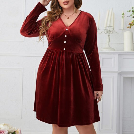 O1CN01CSEmDD1z1aDlT6zjj_2923906654-0-cib.jpg Deep Red V-Neck High-Waist Long Sleeve Midi Dress