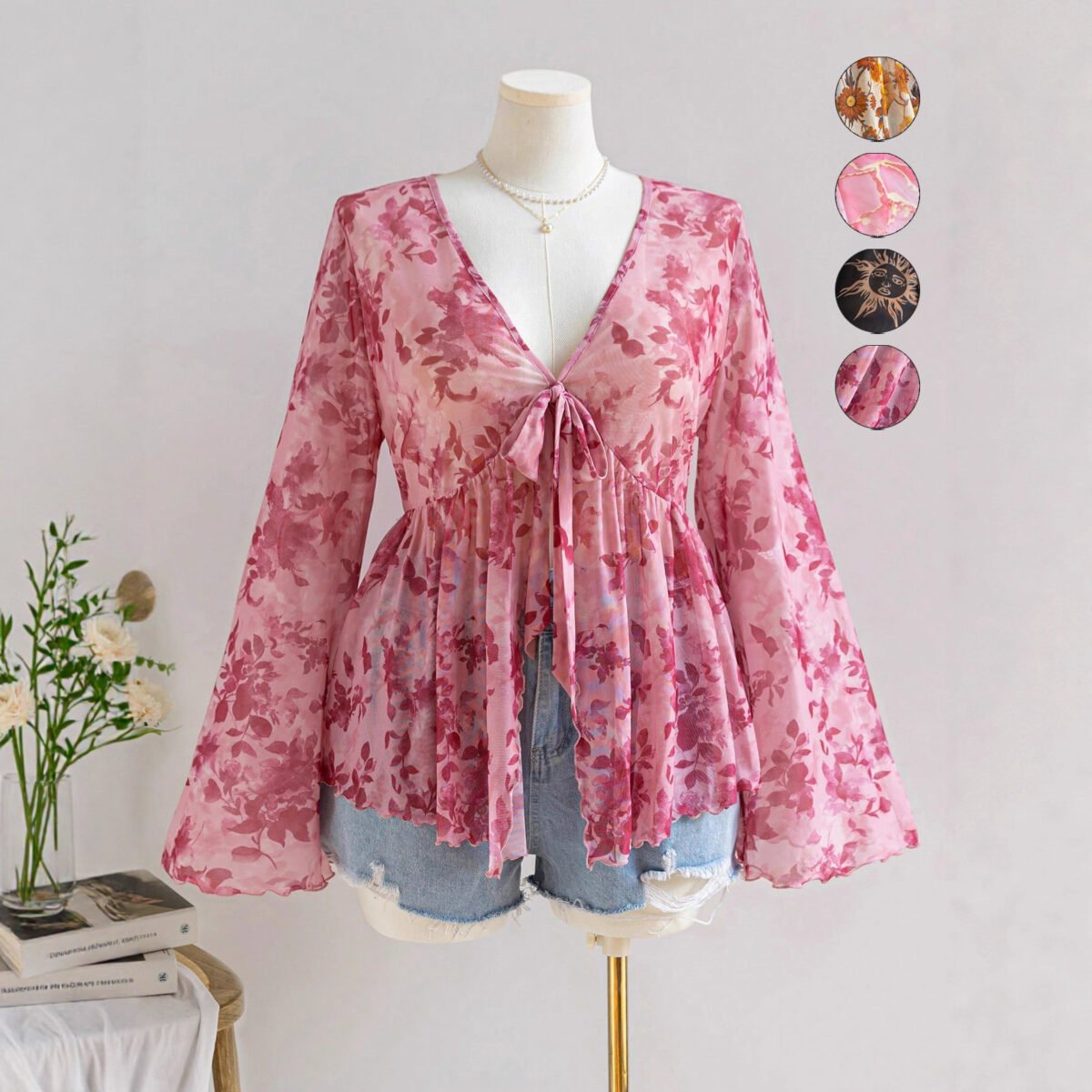 V-Neck Floral Mesh Top with Bell Sleeves