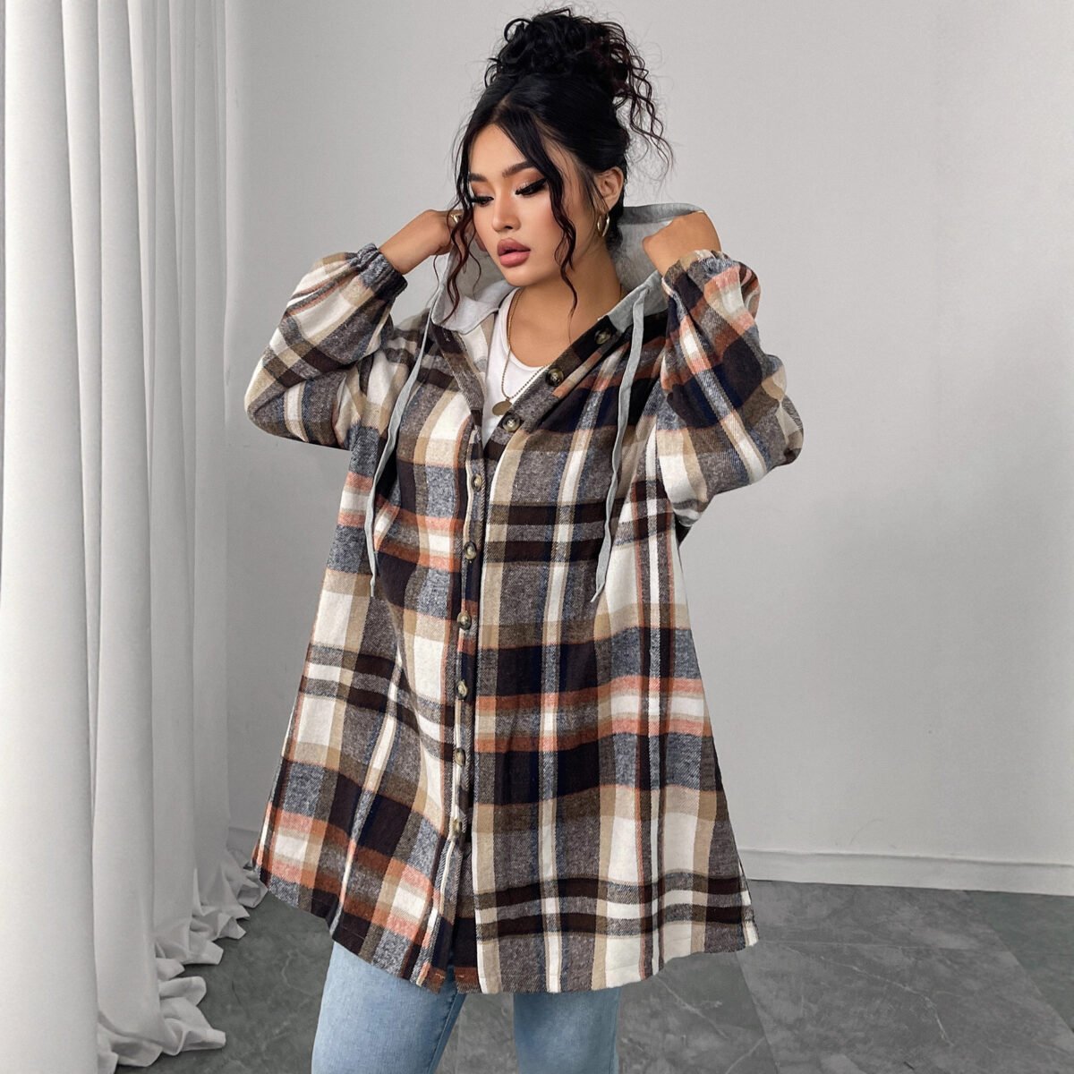 Checkerboard Pattern Hooded Cotton Jacket Casual Vintage Loose Fit